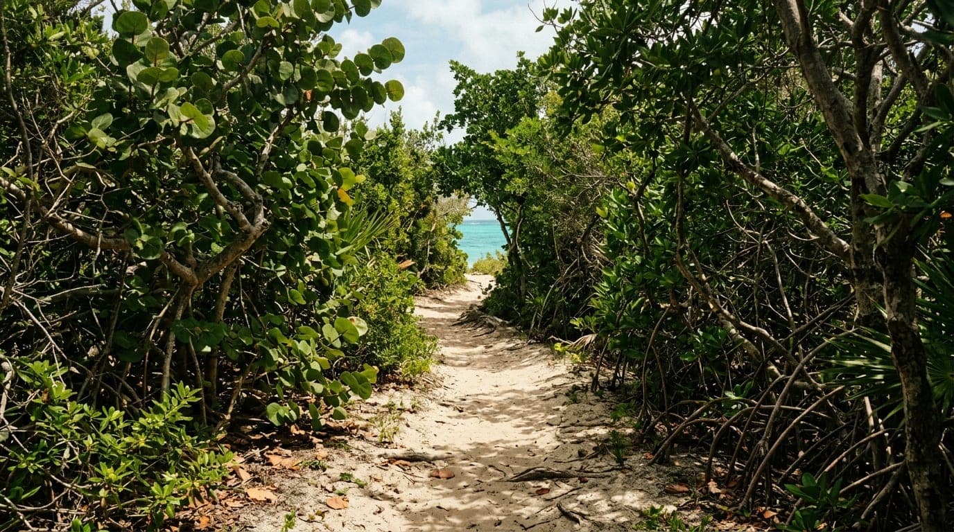 Bimini Nature Trail winding through native vegetation on South Bimini with mangroves and tropical plants lining the sandy path