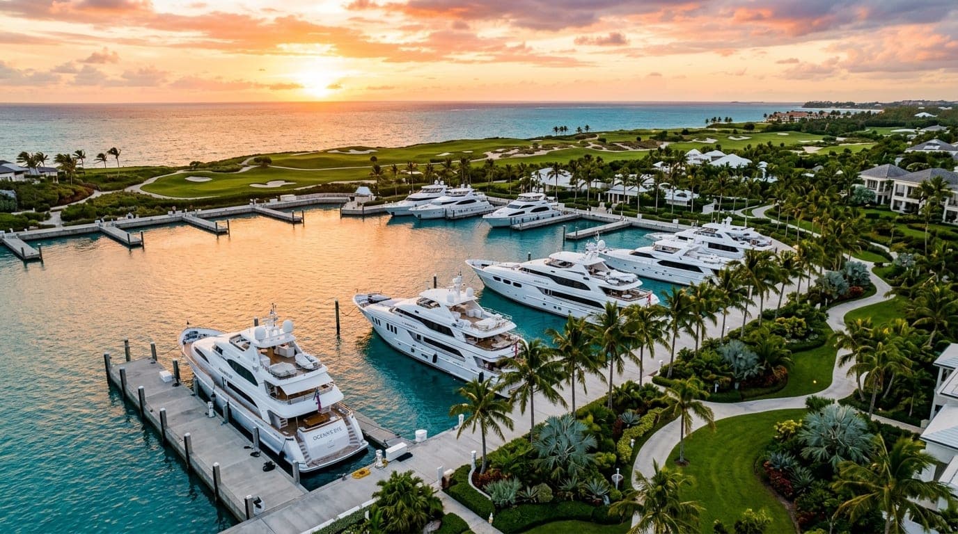 Albany Marina with megayachts docked at floating concrete piers in Nassau's exclusive southwestern private community