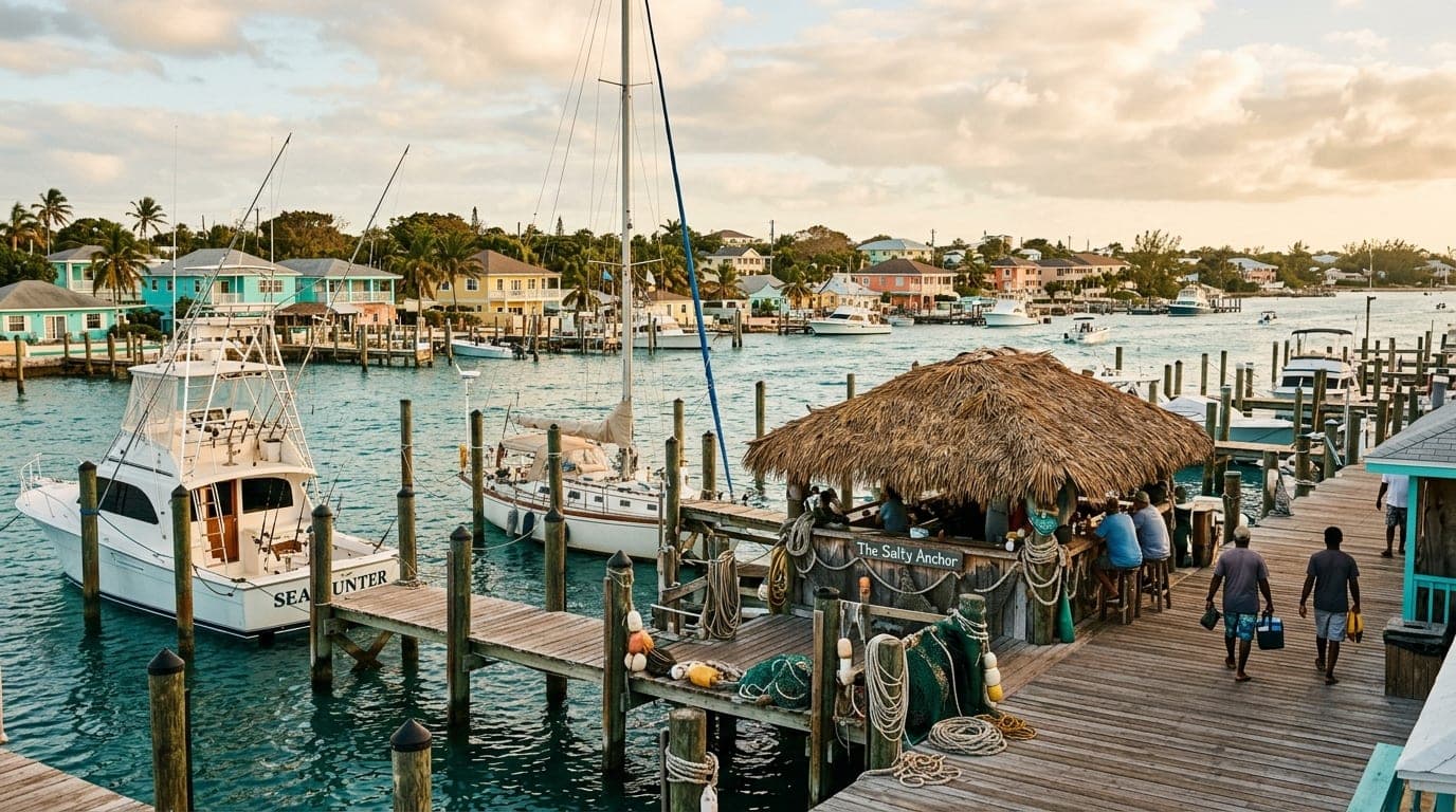 Brown's Marina in Alice Town with sportfishing boats docked along the waterfront and the tiki bar visible on the boardwalk