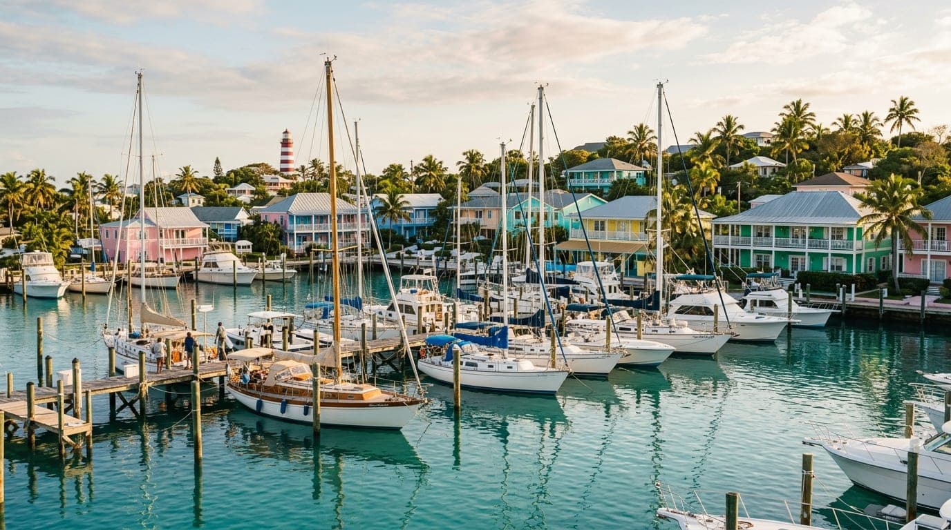 Exuma Yacht Club marina in George Town with boats at dock and Elizabeth Harbour waters beyond