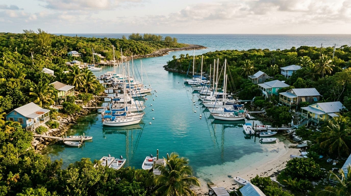 Kevalli House Marina with boats at moorings in a protected Stocking Island cove, waterfront cottages visible on shore