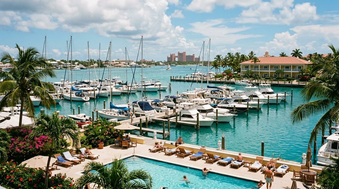 Nassau Harbour Club Marina with boats at dock, pool area, and hotel building on East Bay Street
