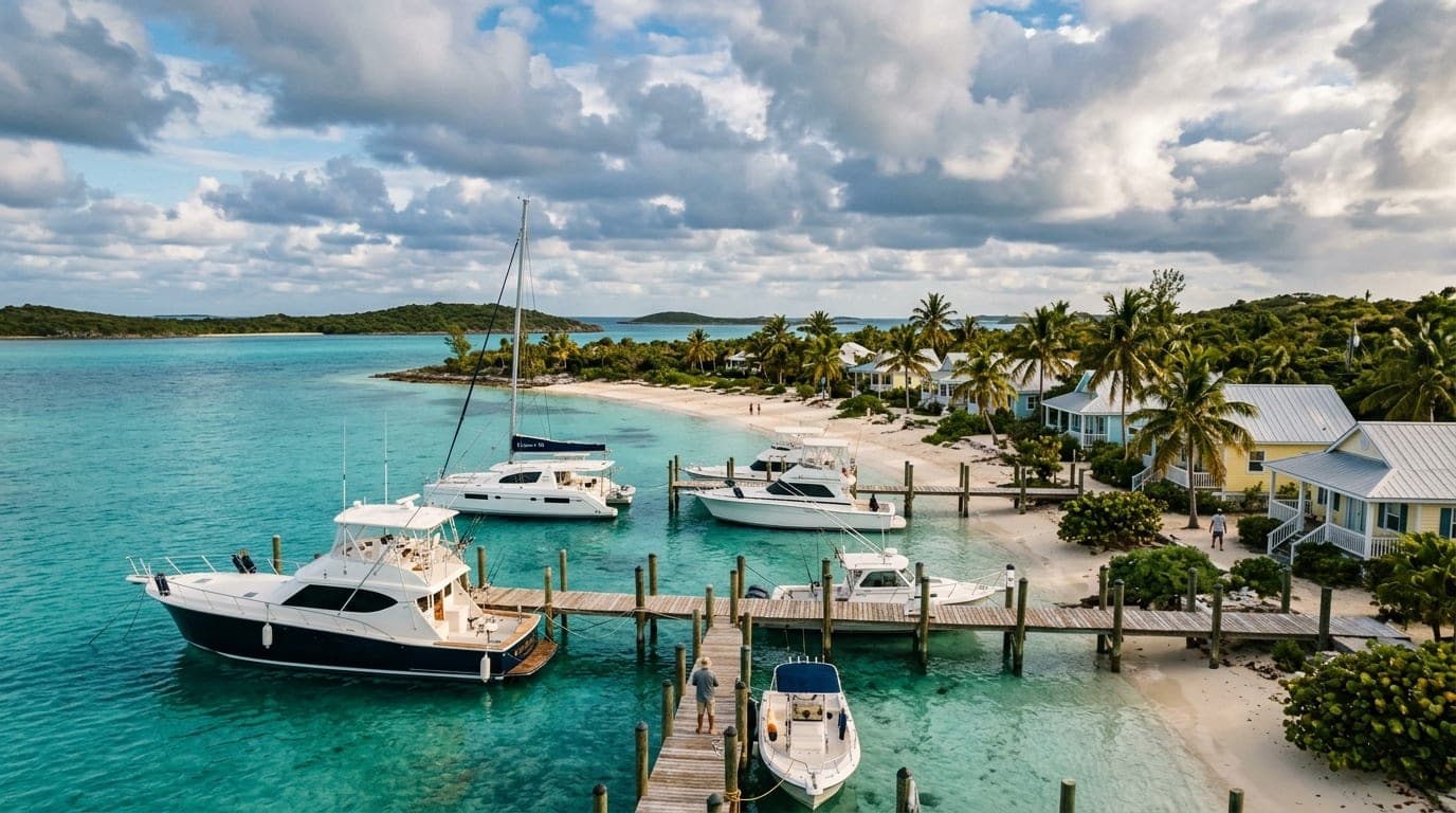 Sumner Point Marina with sportfishing boats at dock on Rum Cay, beachfront cottages and turquoise St. George's Bay beyond
