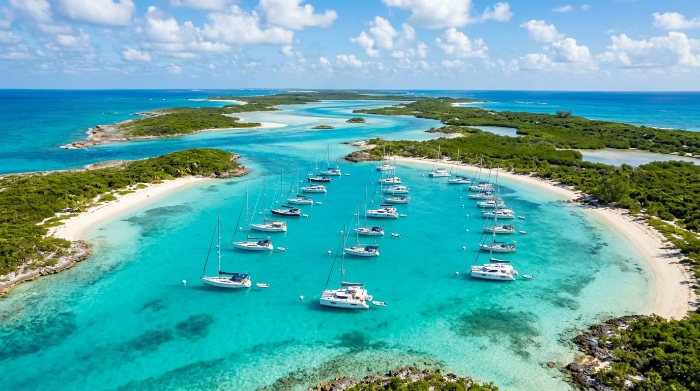 Warderick Wells mooring field with boats on turquoise water surrounded by low green cays in Exuma Land and Sea Park