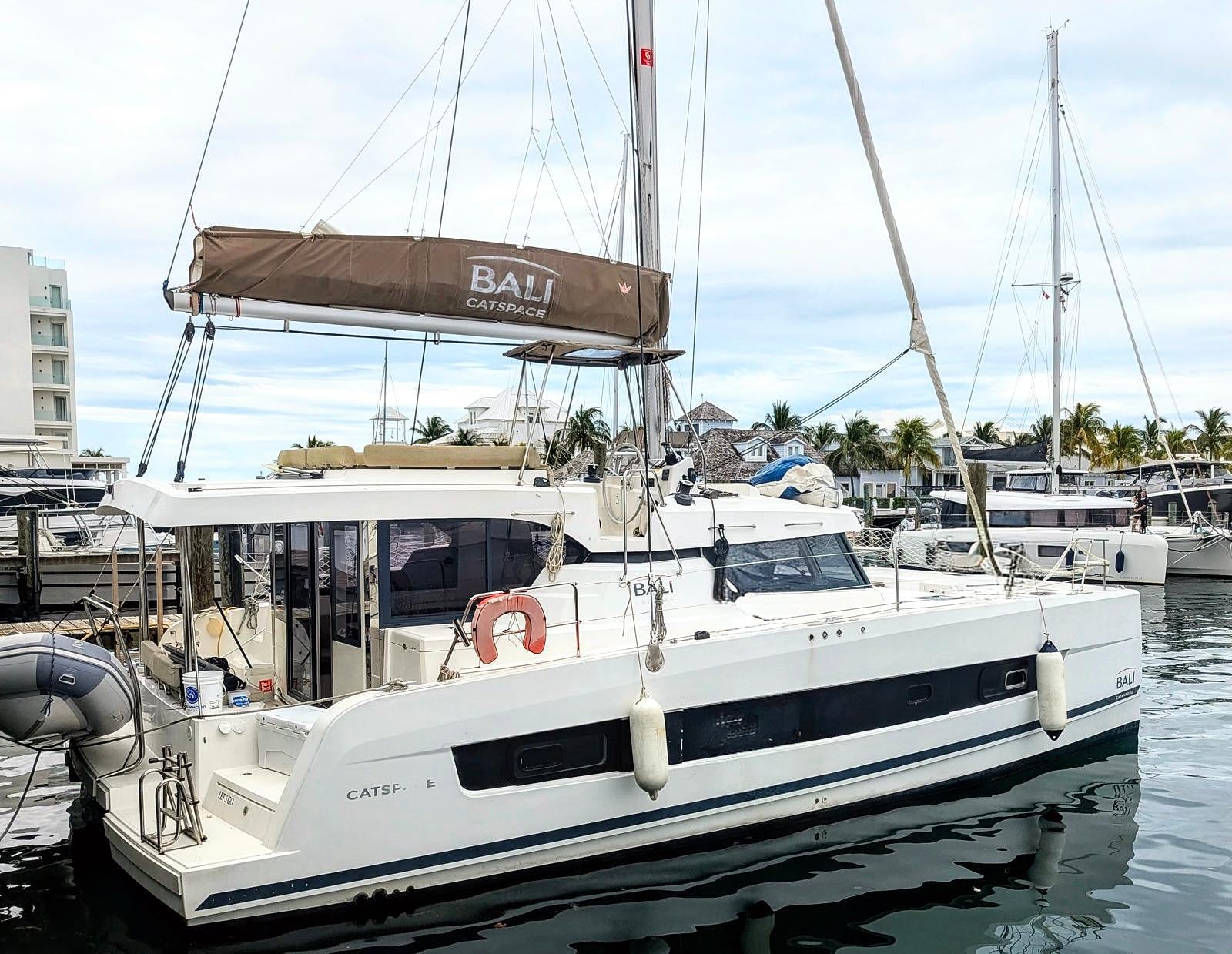 Aft deck exterior view with marina and water