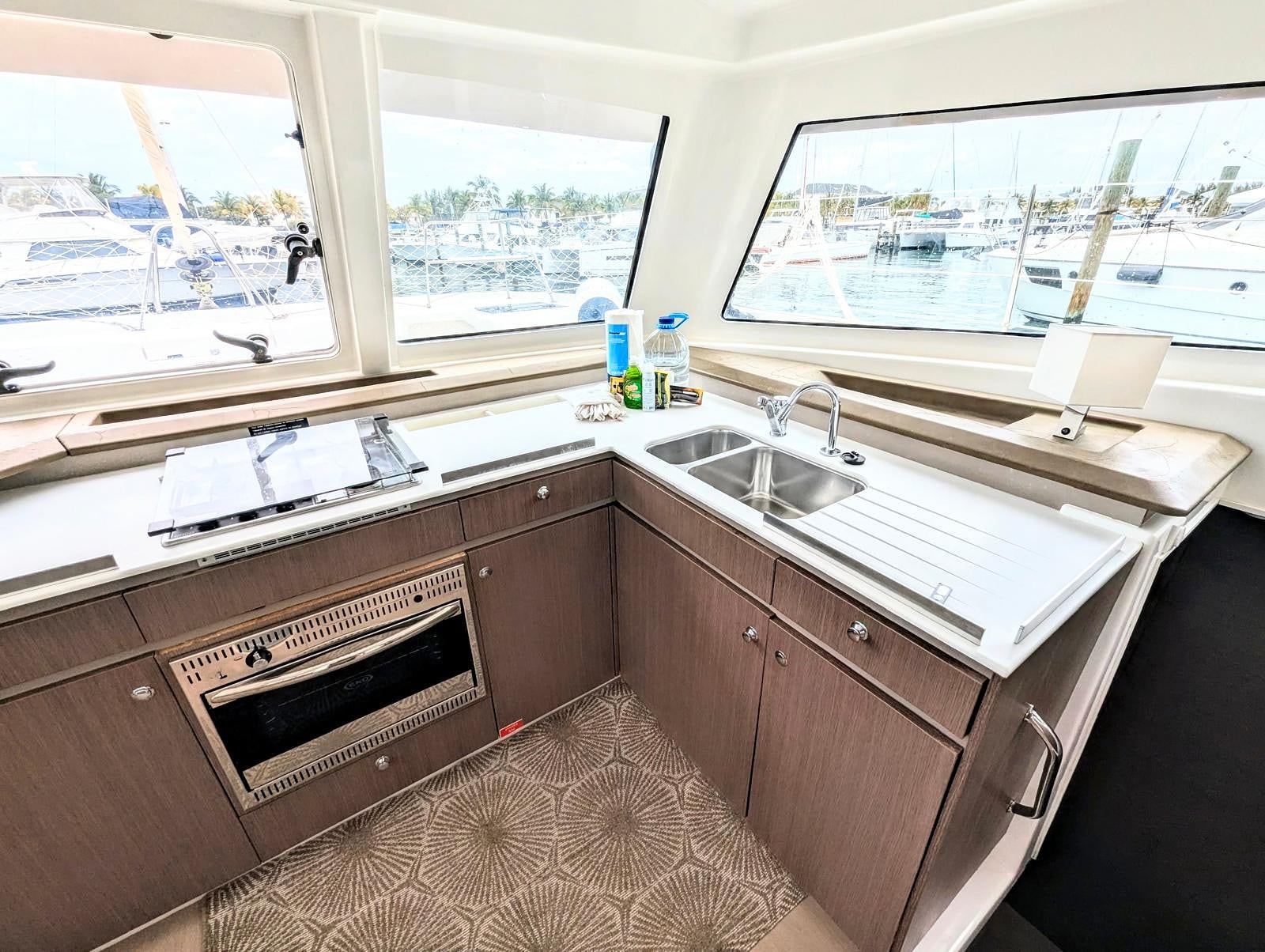 Aft cockpit dining table with marina view