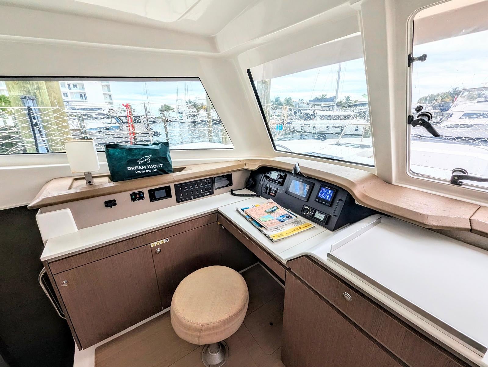 Interior helm and navigation station with wheel