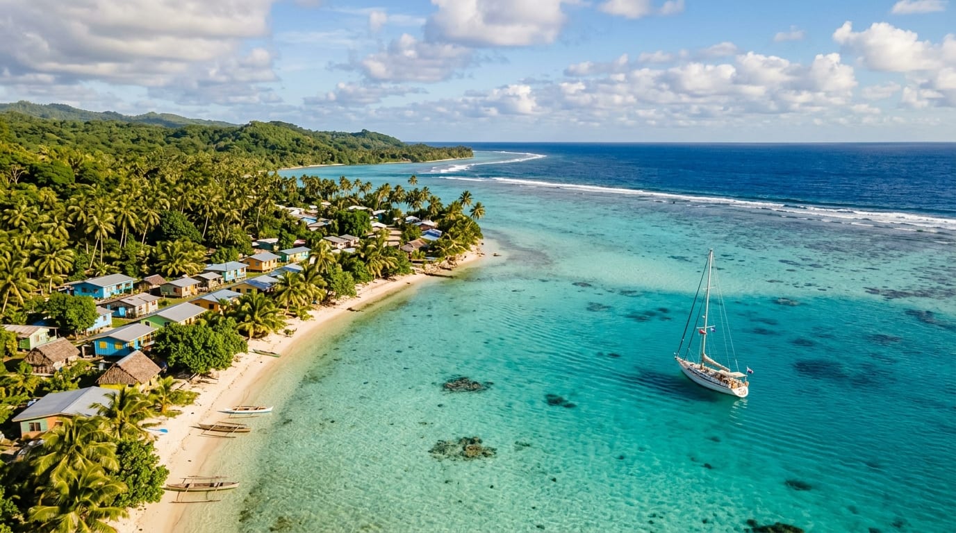 Reef-protected Abraham's Bay on Mayaguana with turquoise water, sandy bottom visible through clear shallows, and low coastal vegetation on shore