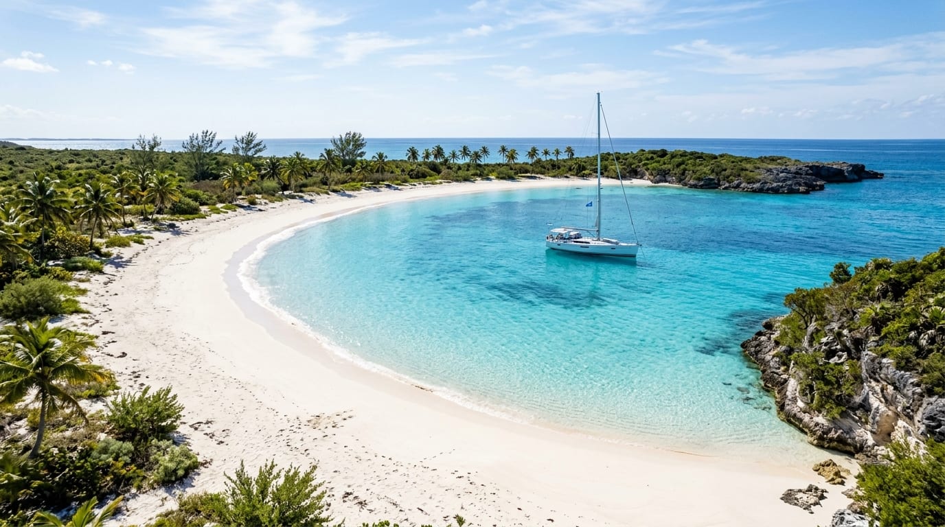 Beautiful white sand beach at Alabaster Bay with turquoise water and a sailing yacht at anchor offshore