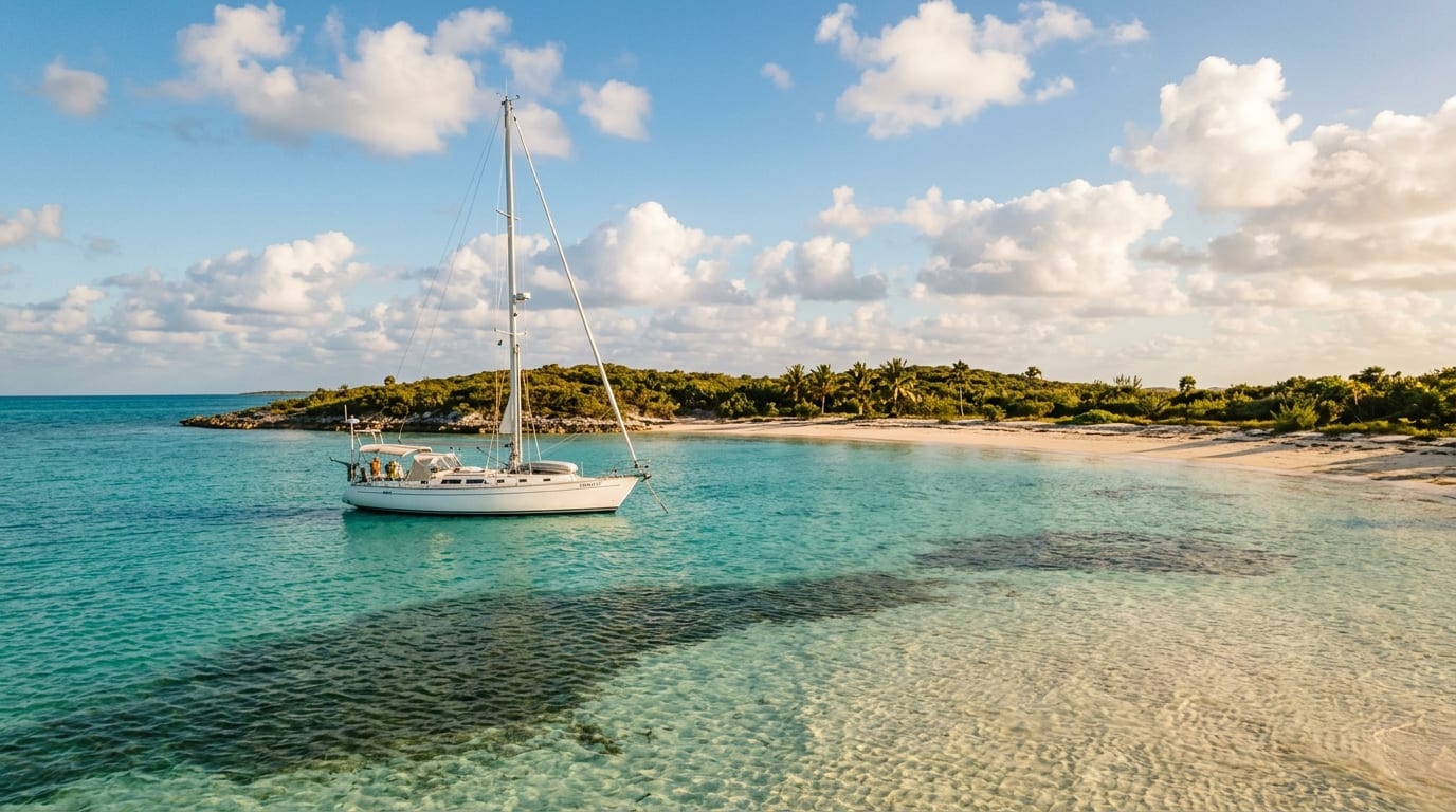 Sailboat anchored in protected turquoise waters west of Alder Cay in the Berry Islands Bahamas