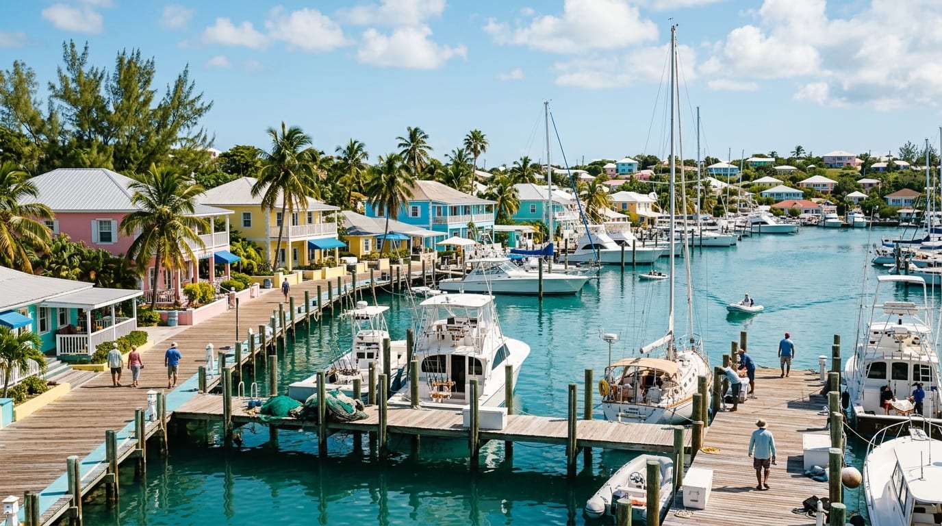 Marina docks and boats lining the protected waterfront of Alice Town Harbour in Bimini under a bright tropical sky