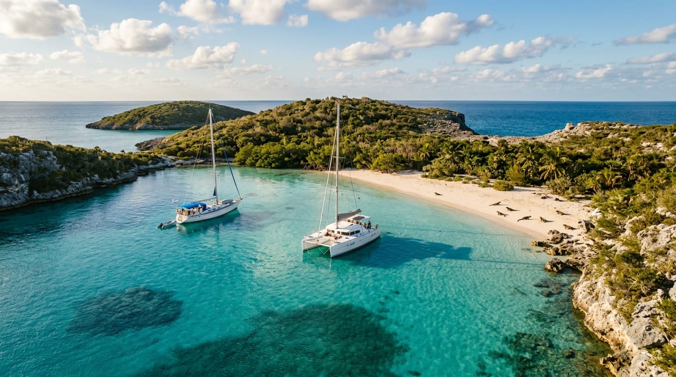 Crystal clear turquoise lagoon at Allan's Cay with rock iguanas visible on the sandy beach and sailing yachts anchored in the northern Exumas