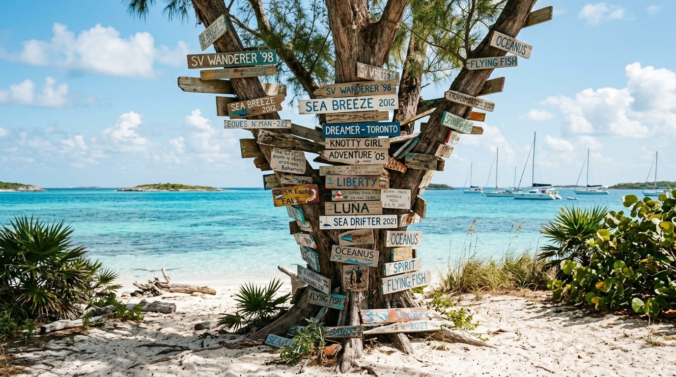 The famous Signing Tree at Allans-Pensacola Cay covered with painted signs from generations of cruising sailors