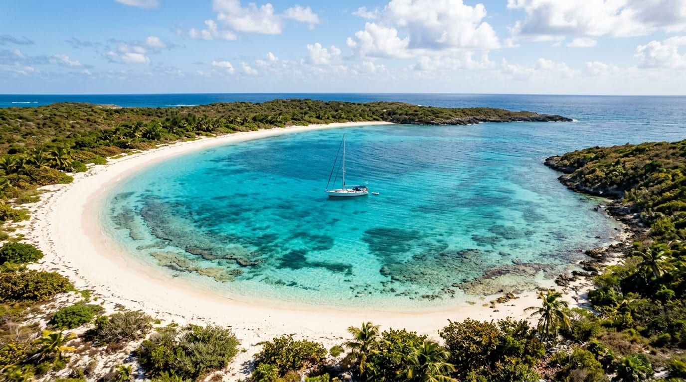 Crescent-shaped bay at Attwood Harbour with turquoise water surrounded by white sand beach and low green vegetation on Lady Slipper Cay