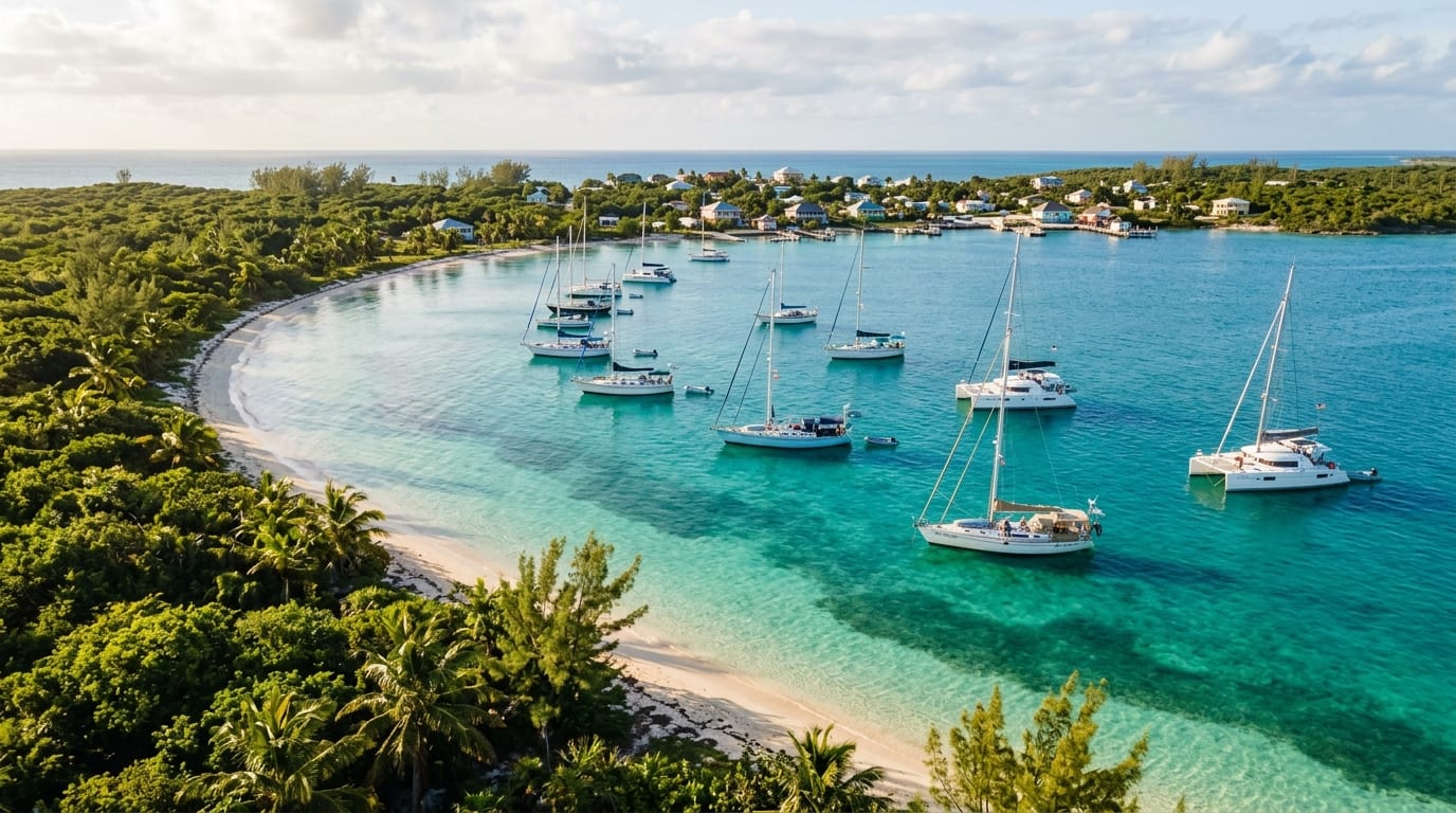 Bay of Five Pirates anchorage on Great Harbour Cay with cruising boats at anchor and the protected bight providing shelter from northwest winds