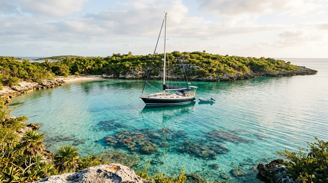 Single sailboat anchored in a small protected cove at Bell Island with turquoise water and coral heads visible