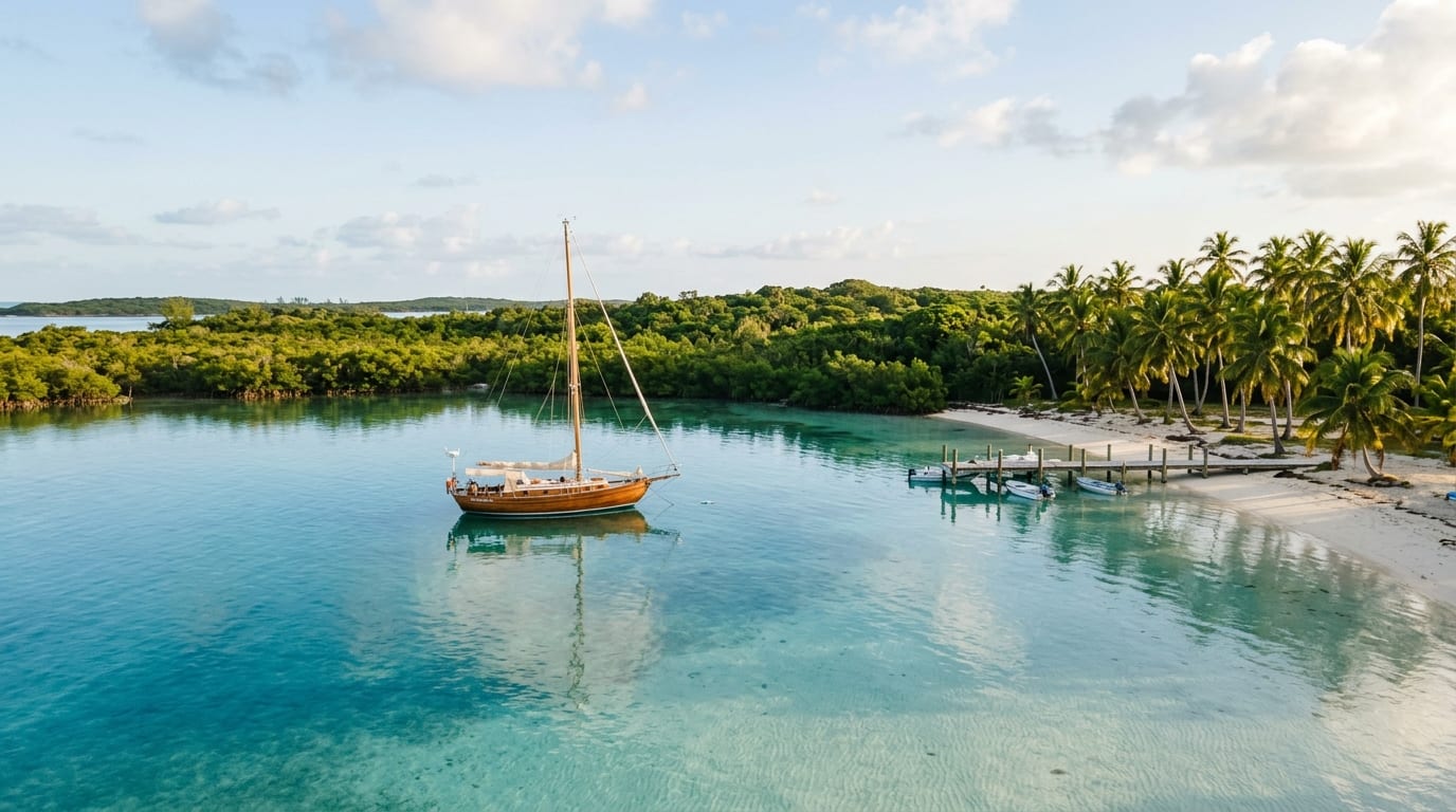 Protected anchorage at Bennett's Harbour with a sailing vessel at anchor, mangrove-lined shores, and calm turquoise water