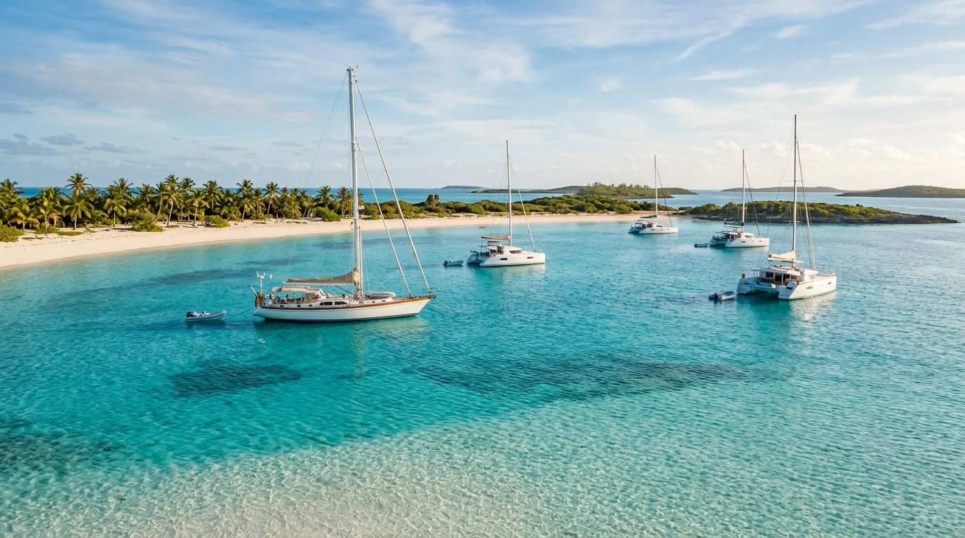 Turquoise waters of Big Majors Spot anchorage with sailing yachts at anchor and Big Major Cay beach in the Exumas