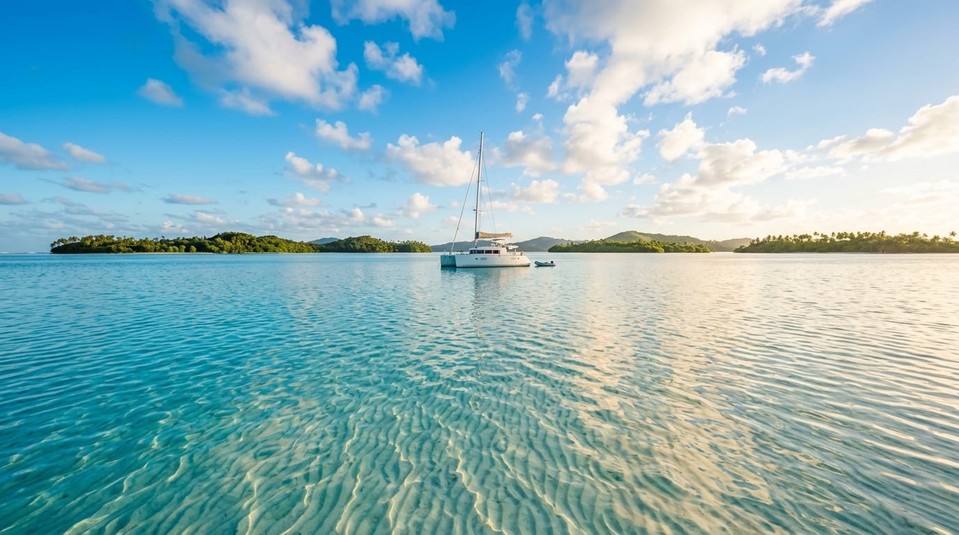 Vast shallow turquoise waters of the Bight of Acklins with sandy bottom visible through crystal-clear water and distant low islands on the horizon