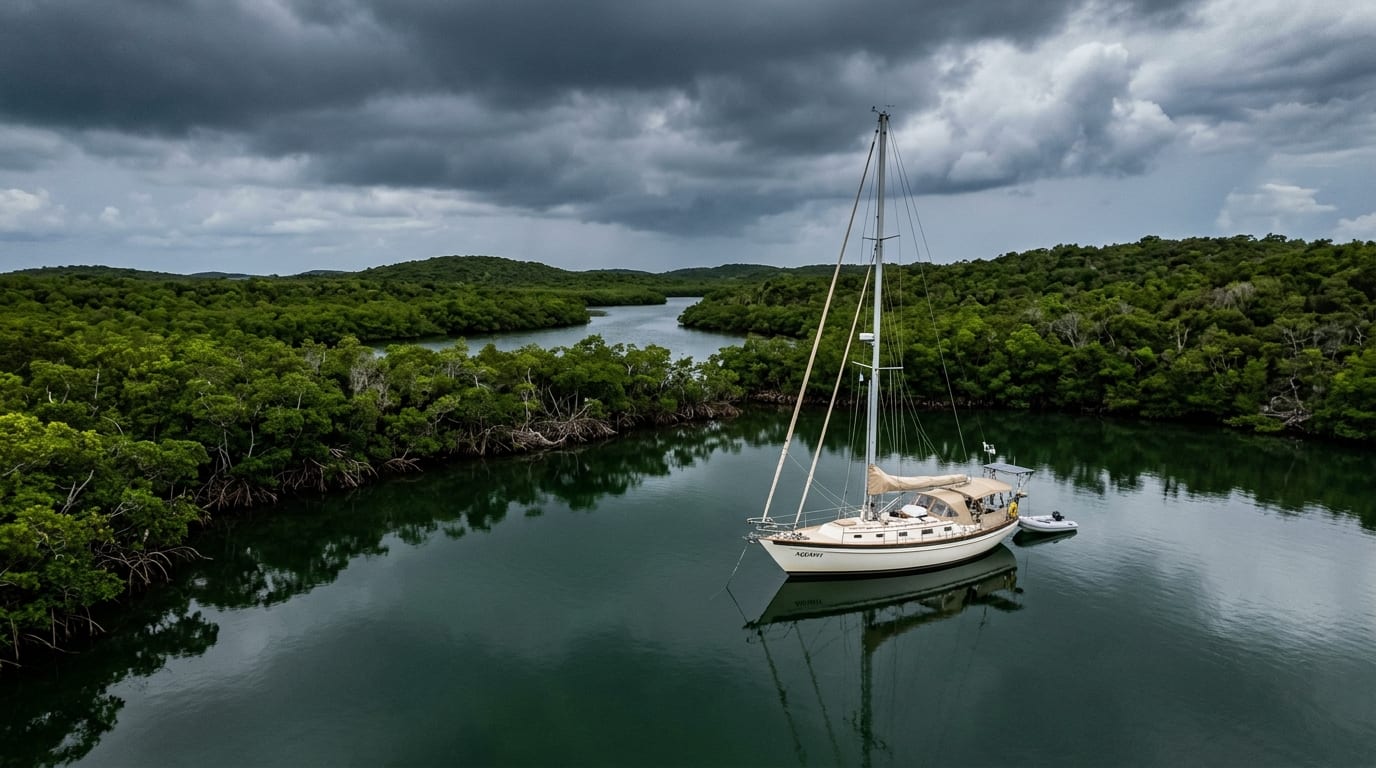 A sailboat anchored in the calm mangrove-lined waters of Bimini Seaplane Basin under an overcast sky
