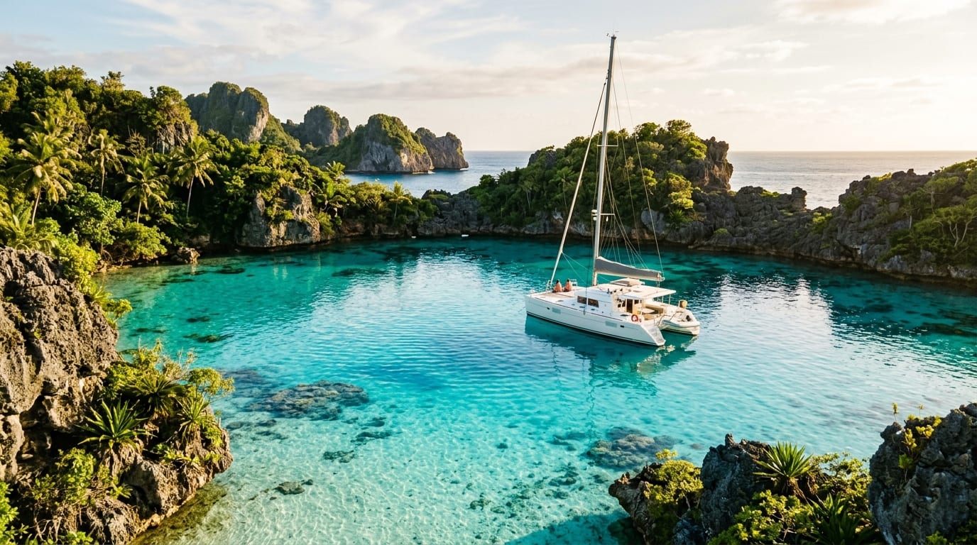 Crystal clear turquoise lagoon at Bitter Guana Cay with dramatic coral rock formations and a catamaran at anchor in the central Exumas