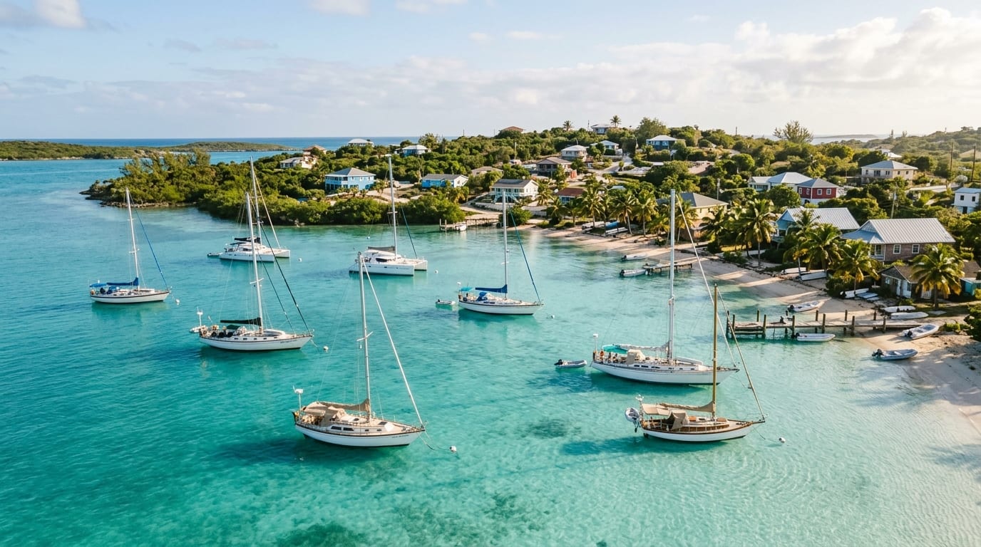 Sailing yachts at anchor in the turquoise waters off Black Point Settlement on Great Guana Cay, Exumas