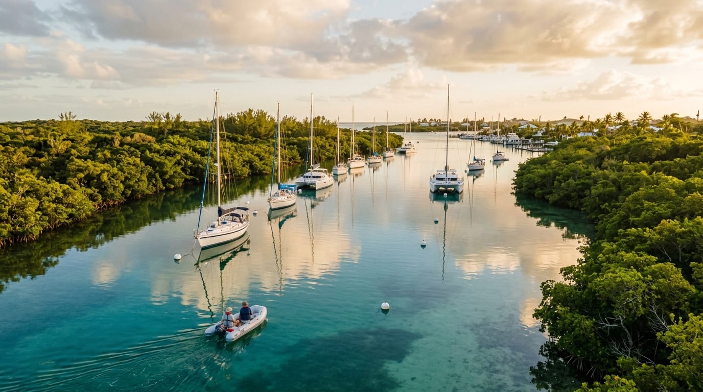 Protected waters of Black Sound on Green Turtle Cay with sailboats on moorings and mangroves lining the shores under soft afternoon light