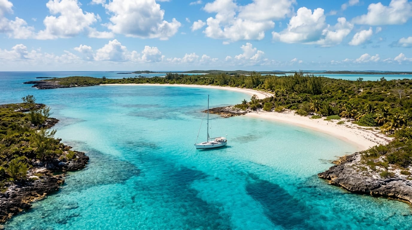 Sweeping bay at Bond's Cay showing small white sand beaches along the vegetated shoreline with a sailing yacht at anchor in turquoise waters