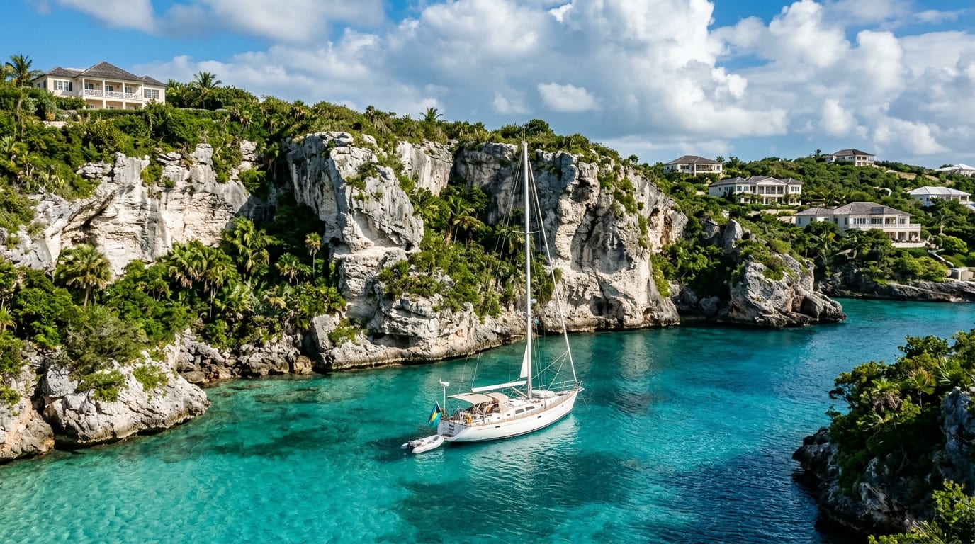 Dramatic coastal cliffs rising above turquoise waters with a sailboat anchored in the protected harbour below