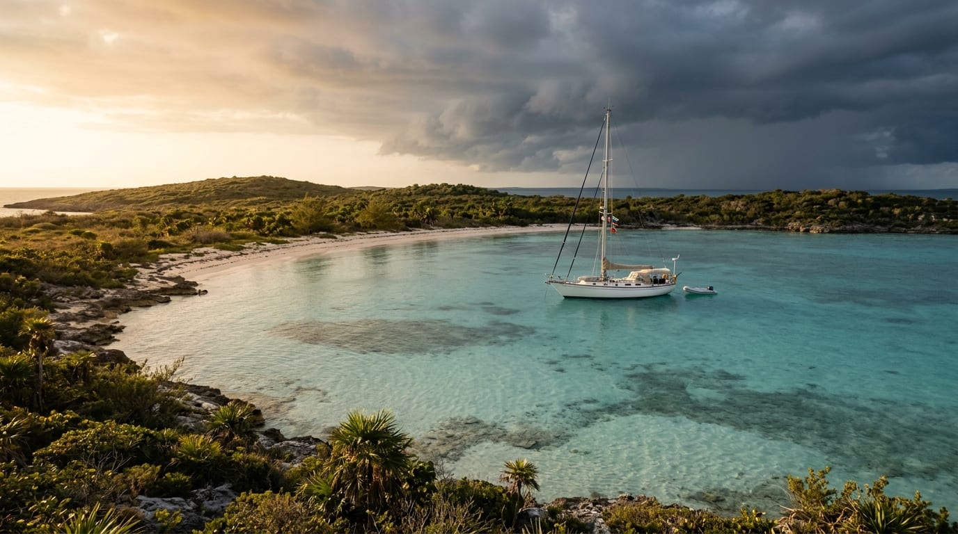 Western shore of Buena Vista Cay with turquoise water and white sand beach providing sheltered anchorage in the Ragged Islands