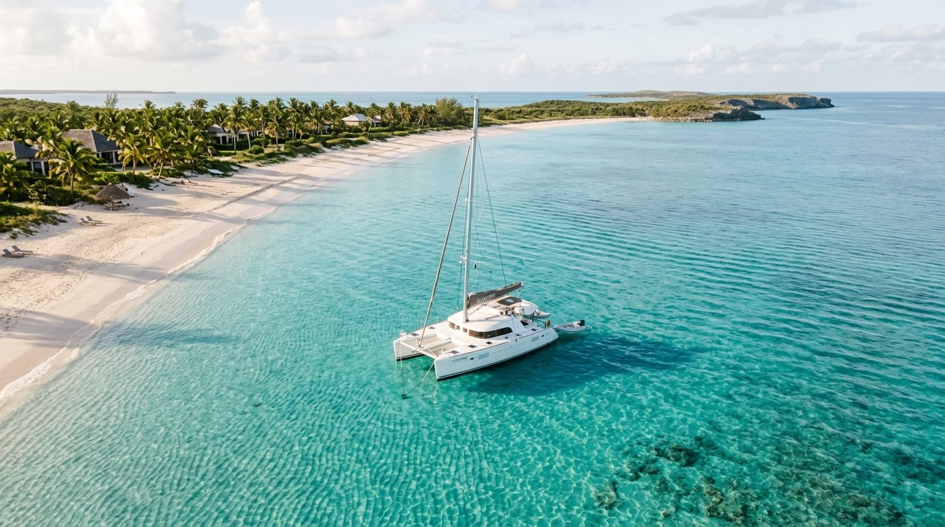 Sailboat at anchor in the turquoise waters of Calabash Bay with the pristine white sand beach of Cape Santa Maria and palm trees in the background