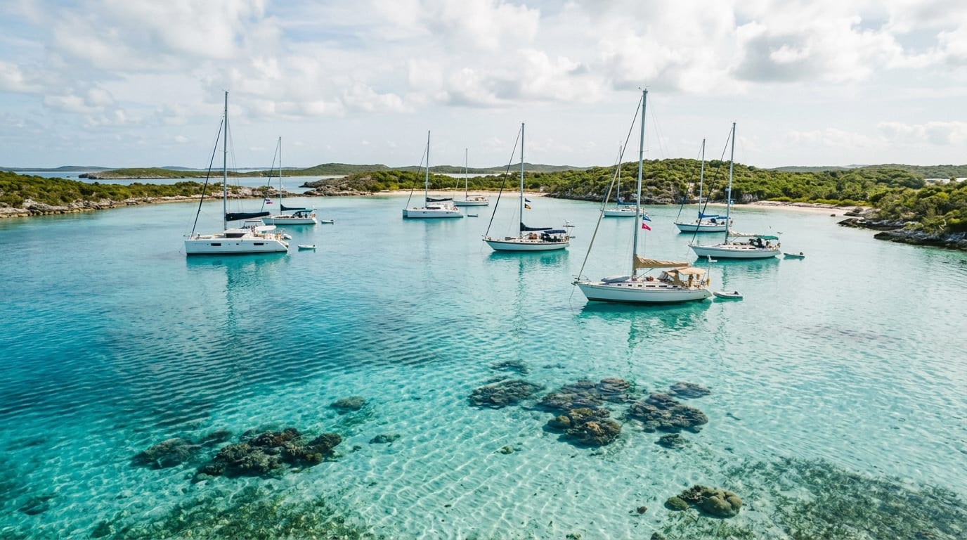 Mooring field at Cambridge Cay with turquoise water, scattered coral heads visible, and low green cays in the background