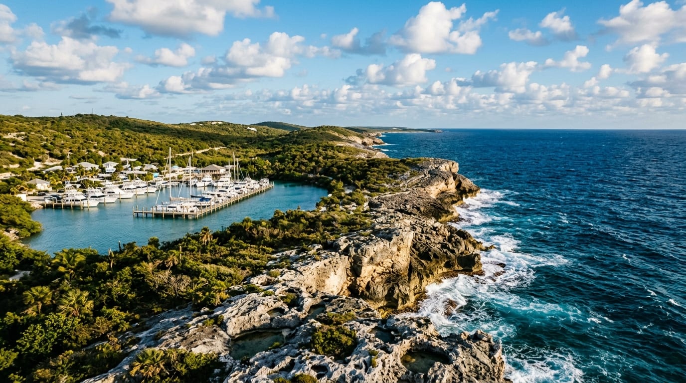 Dramatic rocky coastline at Powell Point with deep blue water and a marina visible in the sheltered cove