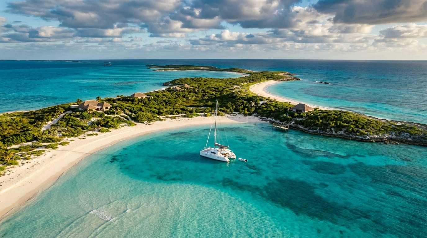 Deep turquoise waters and white sand banks near Cave Cay with scattered cays in the central Exumas