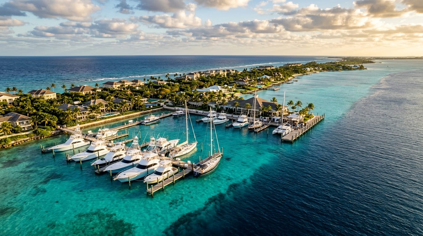 Chub Cay Marina with sportfishing yachts at dock in turquoise waters at the edge of the deep blue Tongue of the Ocean