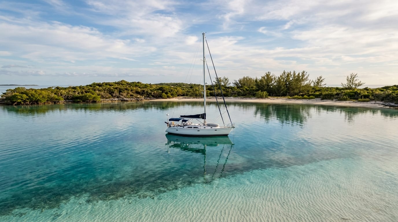 Tranquil turquoise waters at Cistern Cay anchorage with a sailing yacht anchored near the white sand shoreline in the northern Exumas