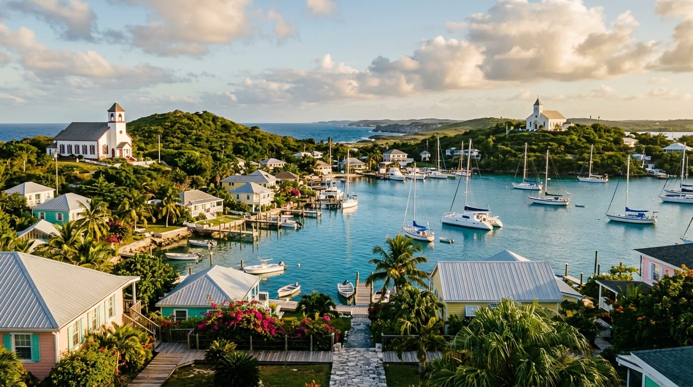 Clarence Town Harbour with twin hilltop churches and sailboats anchored in the protected waters below the dramatic Atlantic coastline