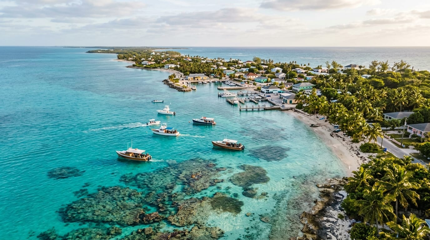 Coastline of Cockburn Town with Riding Rock Marina and diving boats in the turquoise water