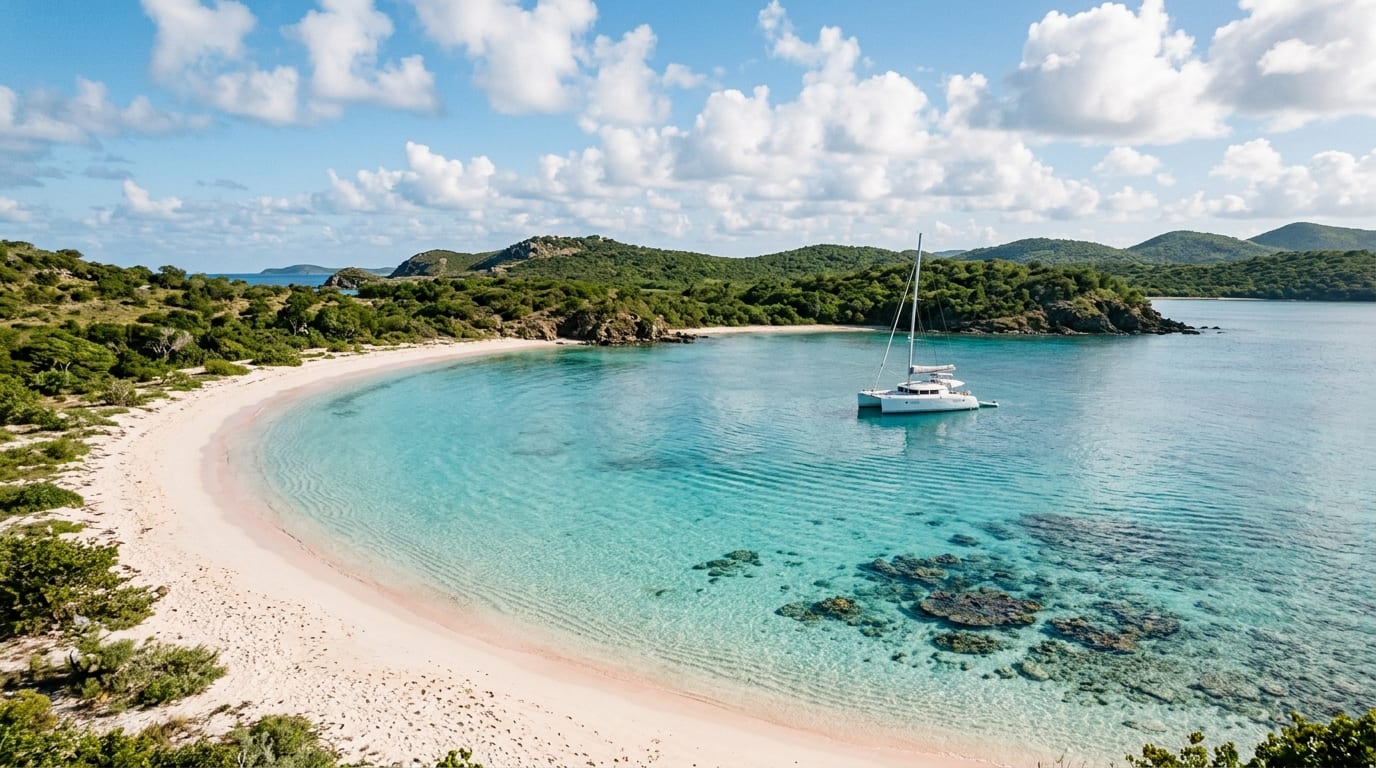 Pristine West Bay on Conception Island with crystal-clear turquoise water, white and pink sand beach, and lush green vegetation on the uninhabited island