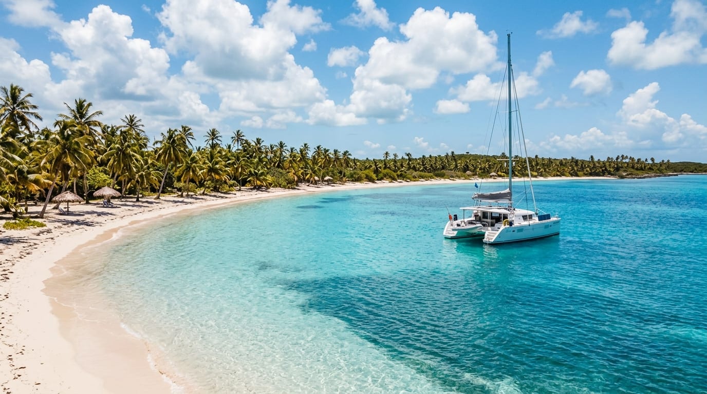 Wide bay of Conch Sound with white-sand shoreline and calm turquoise water under blue sky