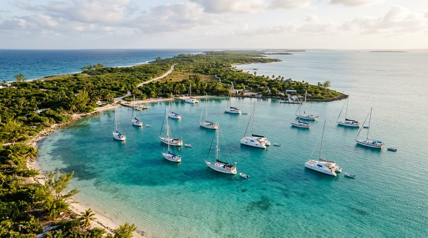 Crossing Bay on Great Guana Cay with boats at anchor in turquoise water and the narrow cay providing access to Atlantic beaches beyond