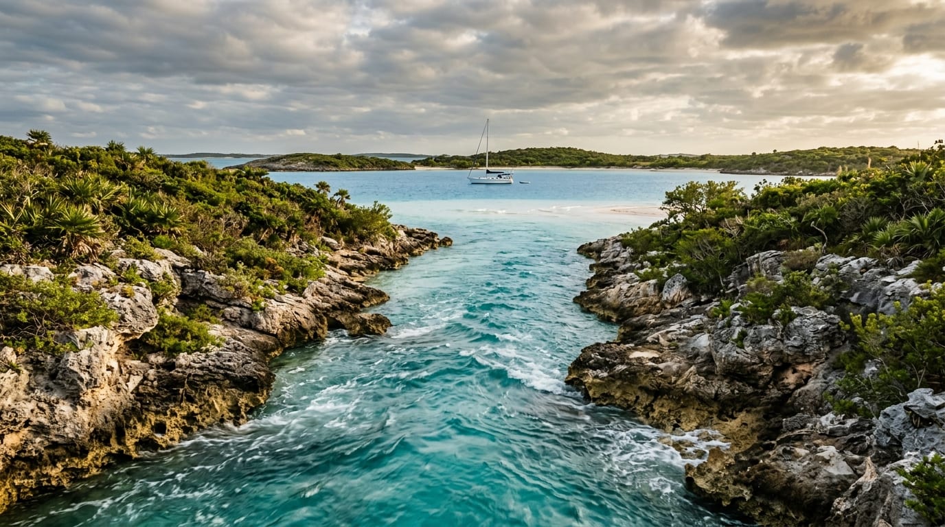 Turquoise water rushing through the narrow Current Cut passage between rocky shores with calm anchorage visible beyond