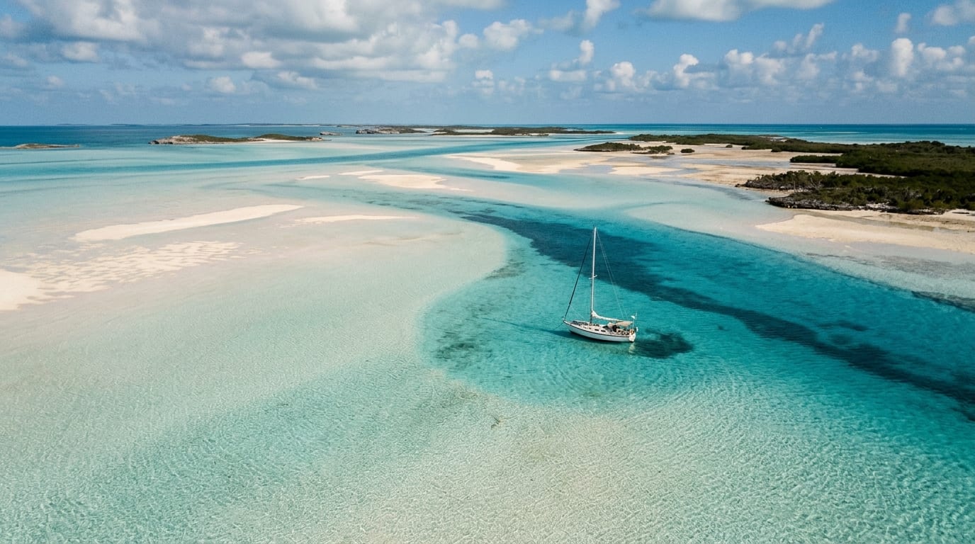 Remote eastern Grand Bahama coastline with shallow flats, scattered cays, and a single distant sailing vessel in pristine turquoise waters