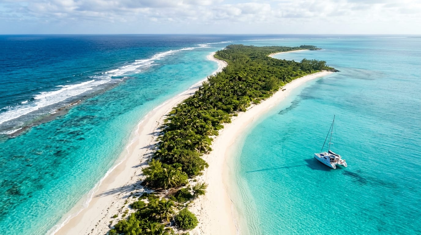 Aerial view of Devil's Cay showing white sand beaches on both shores of the uninhabited island surrounded by deep turquoise water
