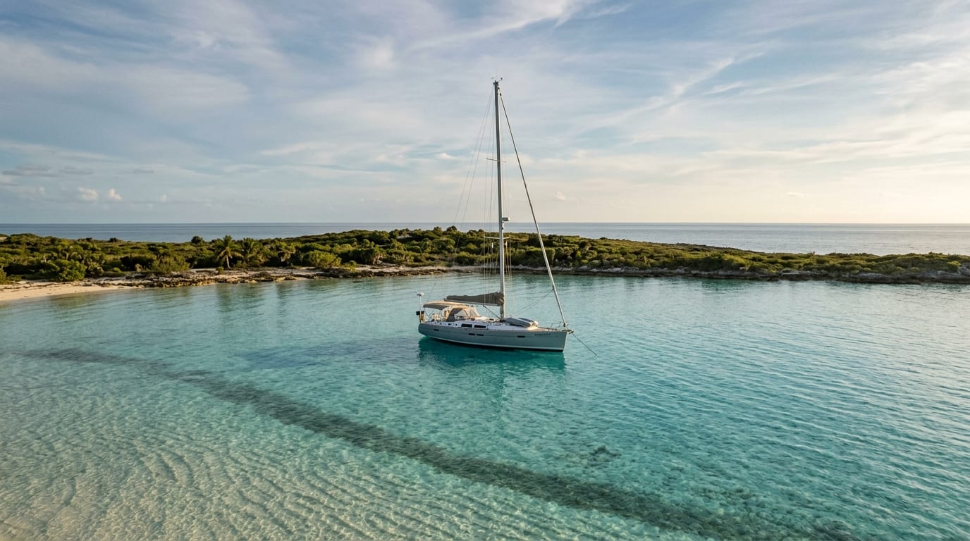 Crystal-clear turquoise water and sandy shallows at Dollar Harbour anchorage off South Cat Cay with a sailboat at anchor