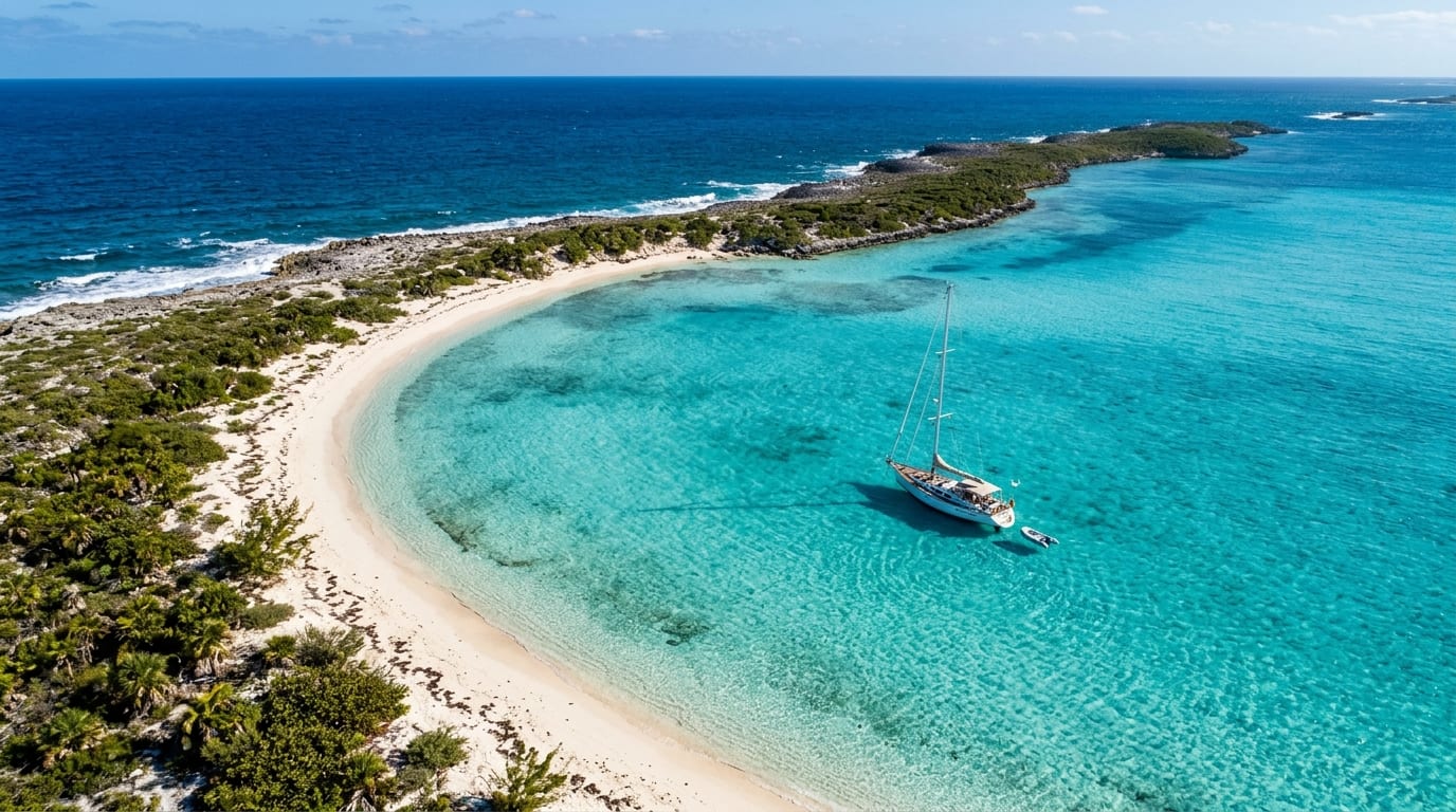 Protected anchorage at Double Breasted Cay with crystal-clear shallow water surrounded by the crescent-shaped cay
