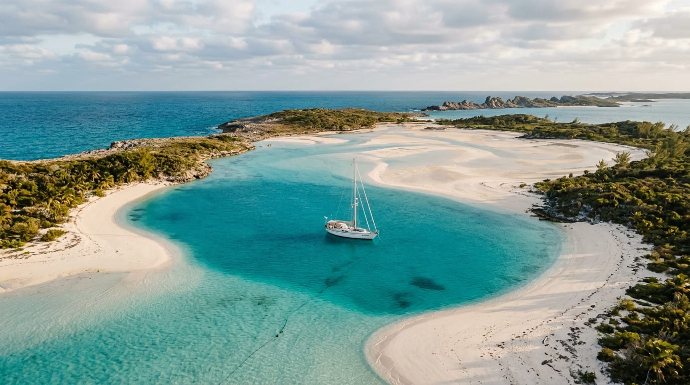 Narrow deep-water anchorage at Double Breasted Cays surrounded by white sandy beaches that extend at low tide under soft Caribbean light
