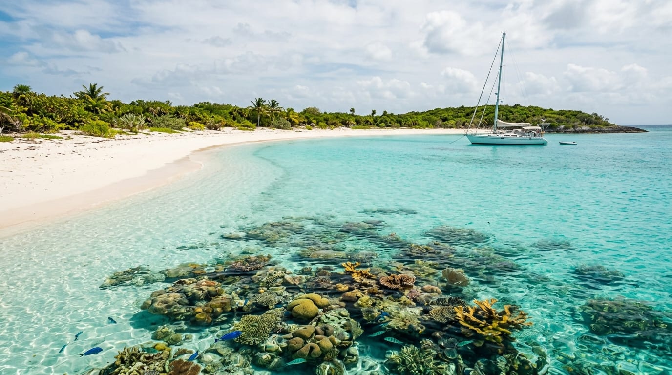 Crystal-clear shallow water over white sand at Egg Island with colourful coral reef visible and a crescent beach in the background