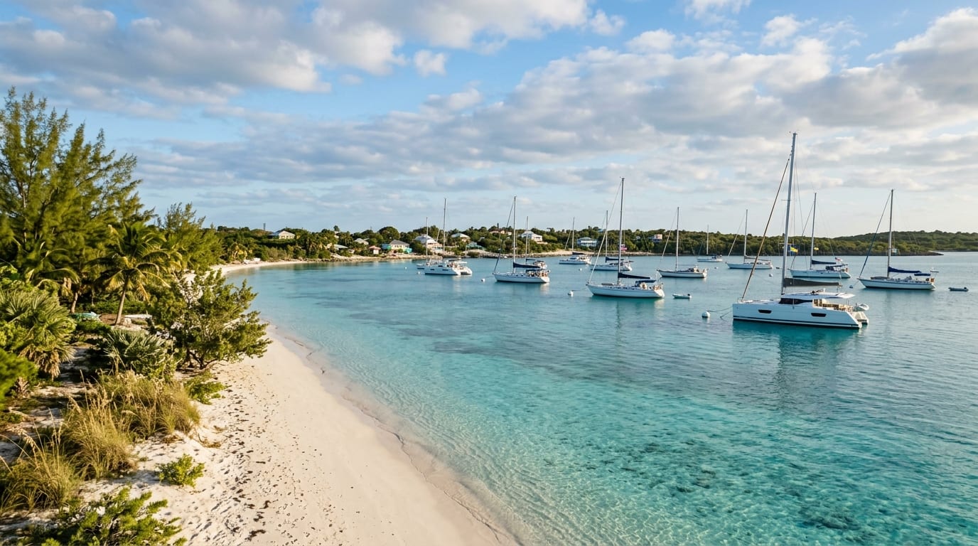 Moored sailboats at Sand Dollar Beach mooring field on Stocking Island with turquoise Elizabeth Harbour waters