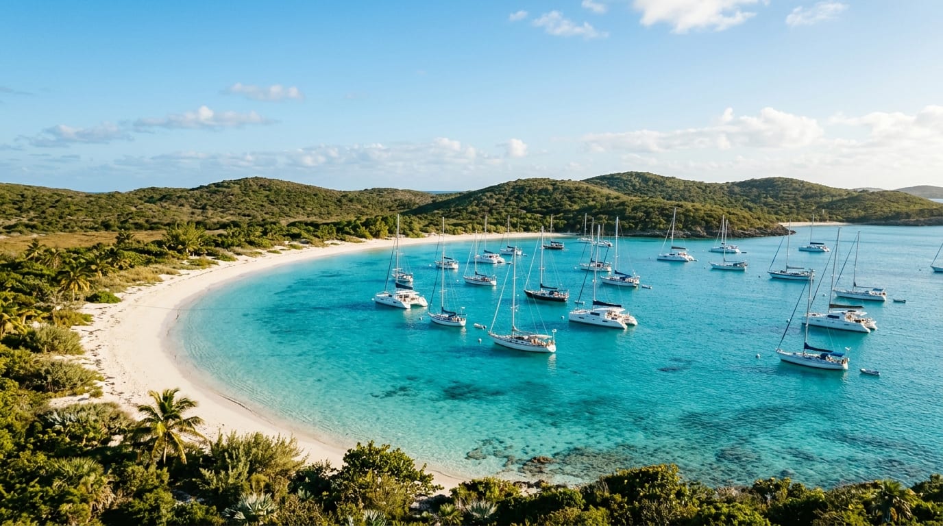 Sailboats moored in the calm turquoise waters of Emerald Rock cove with Rendezvous Beach and green scrubland beyond